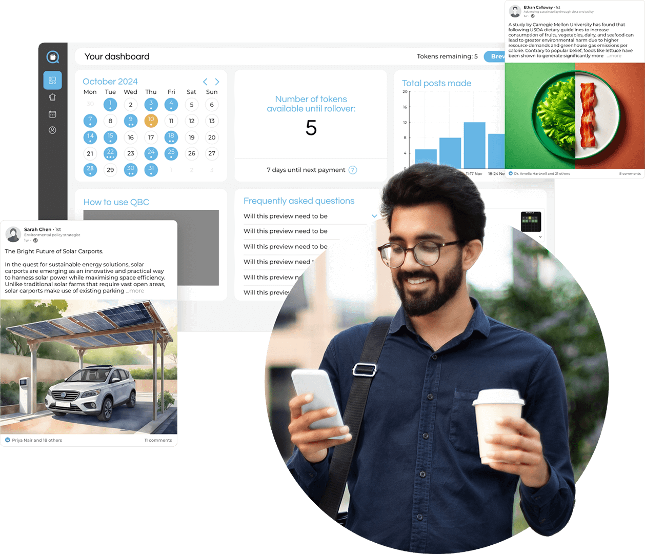 Man holding a phone in one hand and coffee in another, with the Quick Brew Content dashboard behind him.