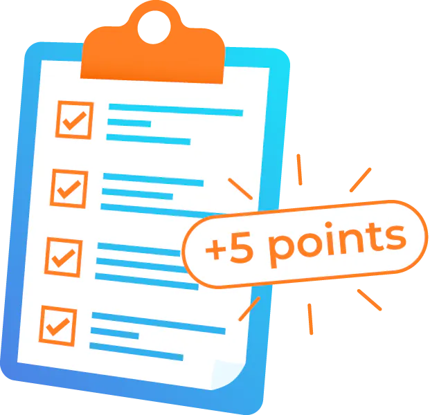 Icon showing a clipboard with a popup reading '+5 points'