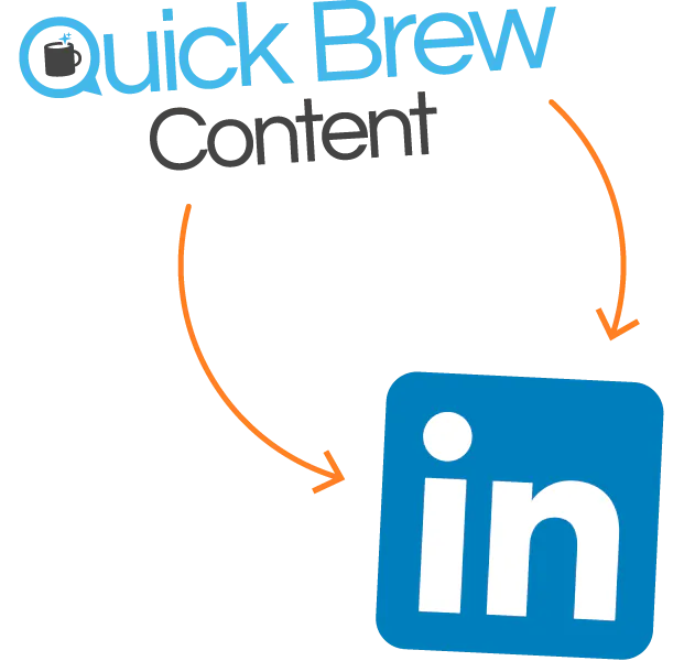 Quick Brew Content logo pointing with arrows to the LinkedIn logo